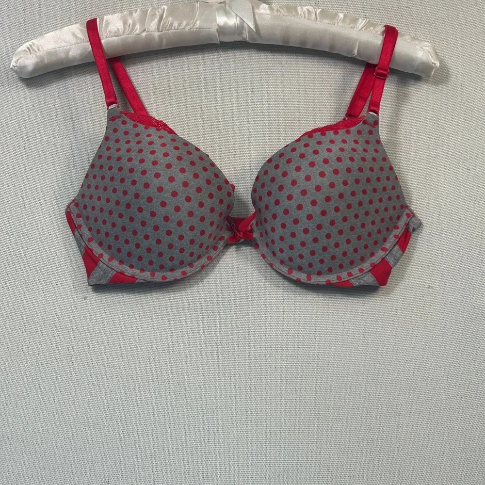 Victorias Secret Push-Up Bra 34C Gray Red Polka Dot Lace Trim Underwire Padded